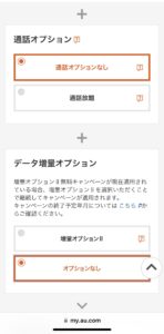 通話オプションとデータオプション画面